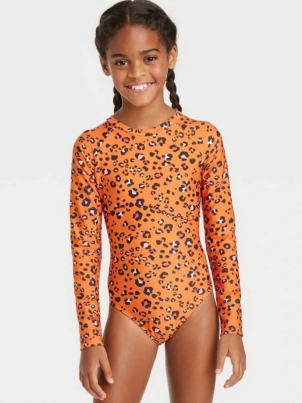 Cat & Jack Orange Leopard Print Long Sleeve Rashguard One Piece Swimsuit 6 7 Y